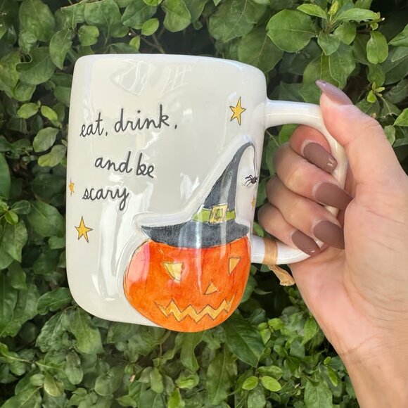 Rae Dunn Halloween Mug "Eat, Drink, and be scary" Jack-o-Lantern Mug NWT - Picture 1 of 3